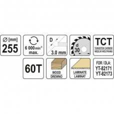 YATO Disc circular pentru lemn 255X60TX30mm..
